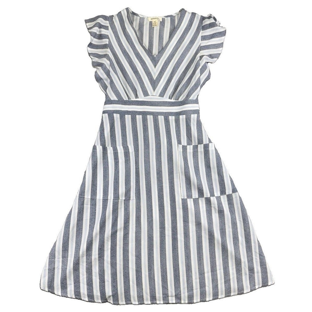 Monteau V-Neck Blue Striped Flutter Sleeve Dress Sz M Tie Waist Pockets Preppy